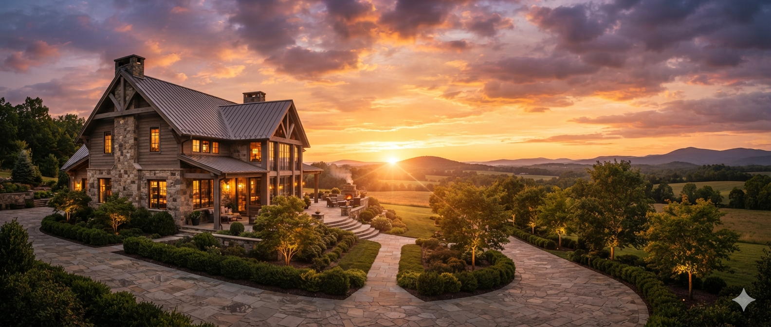 Rustic stone and timber luxury home at sunset with mountain views