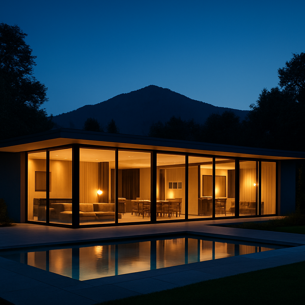Modern luxury home exterior at dusk