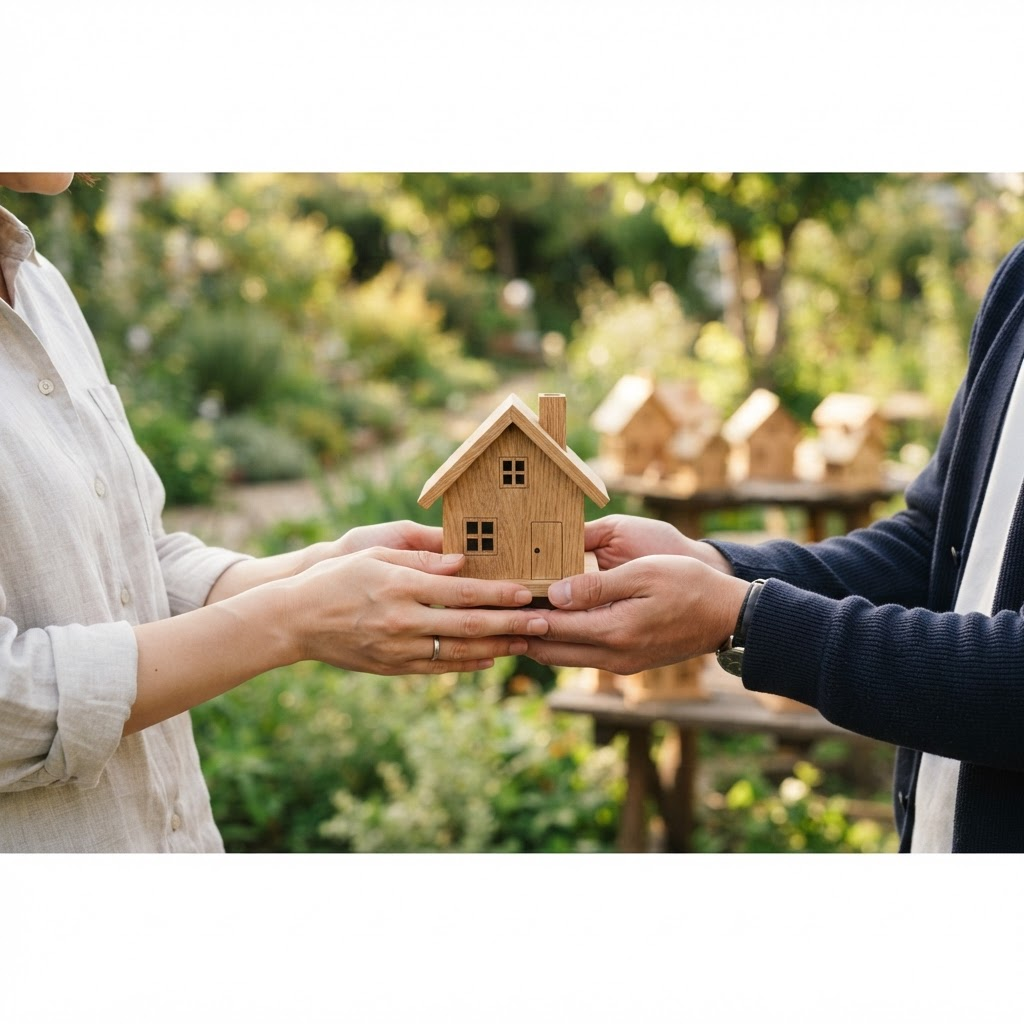Two hands holding a small wooden model house